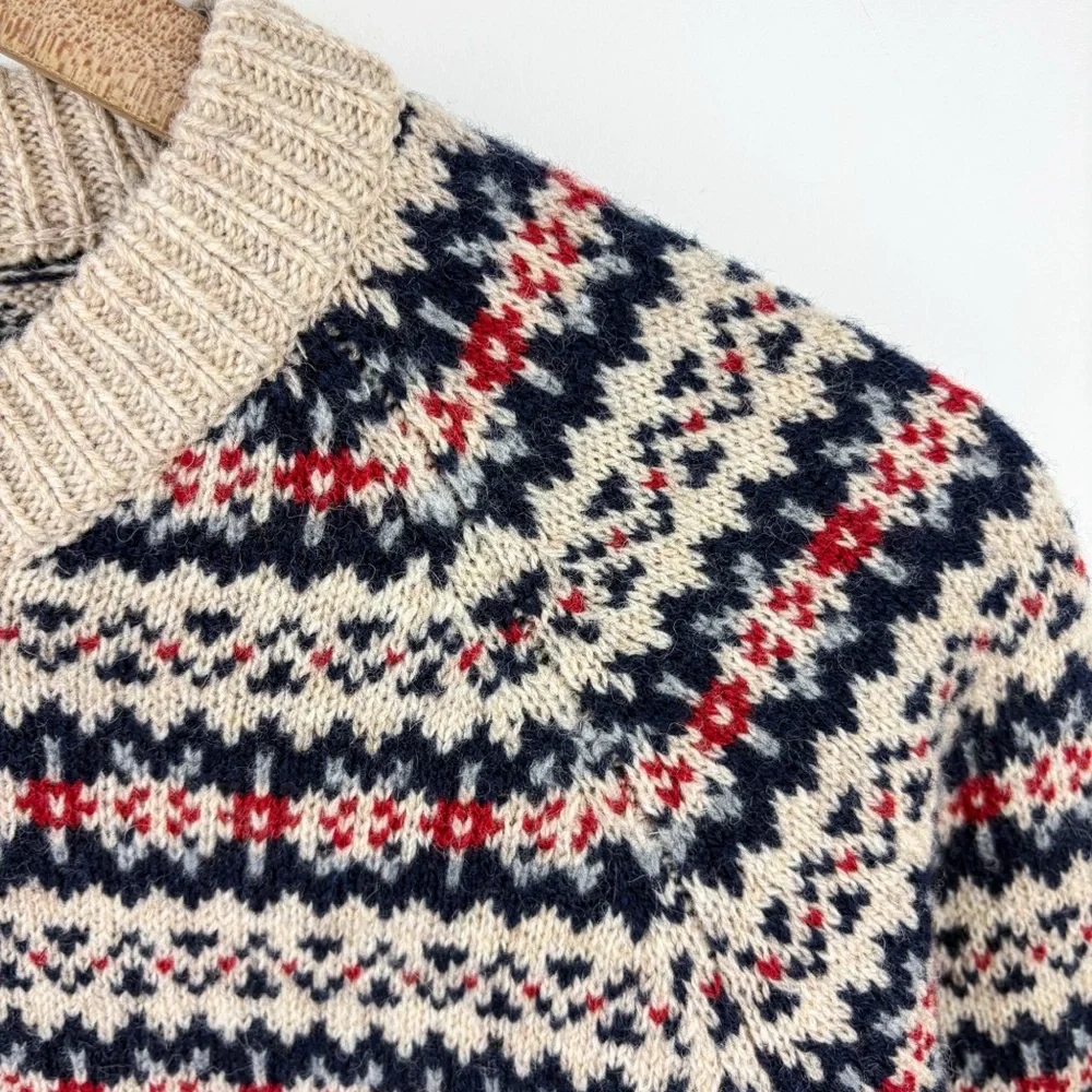 J. Crew 100% Lambswool Wool Fair Isle Crew Neck Sweater Tan Navy Red Mens Large